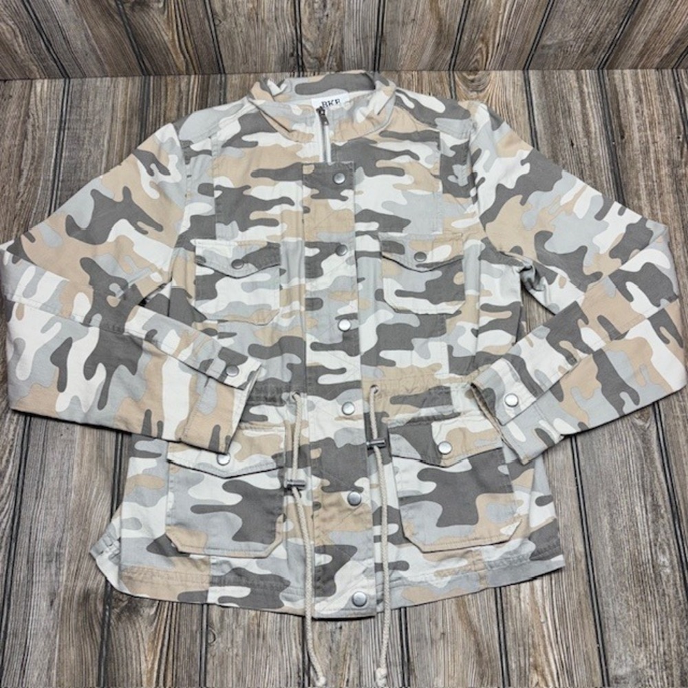 BKE Camo Utility Jacket Womens Medium Tan Grey Cotton Full Zip Drawstring